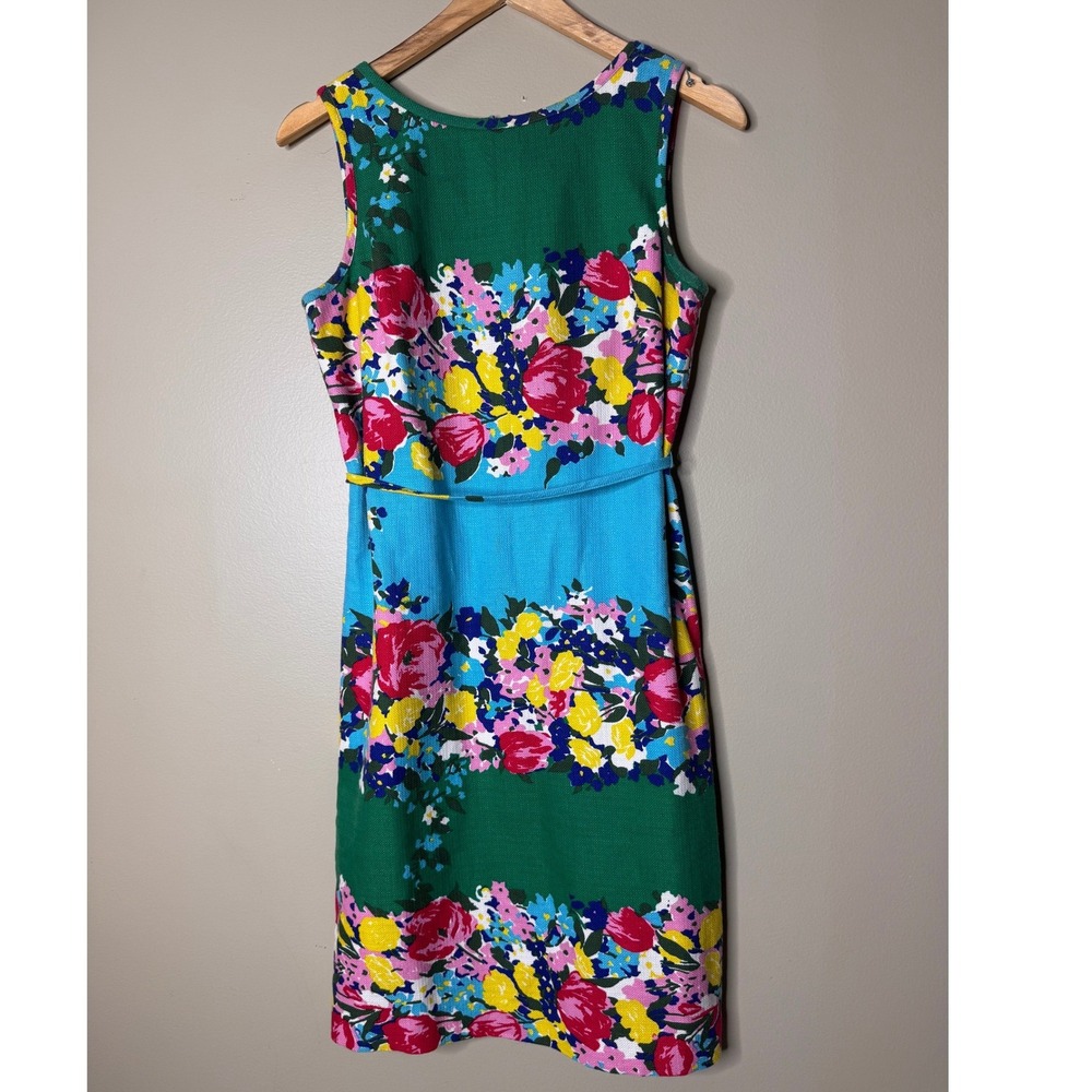 Talbots Women 6 Floral Sheath Dress Green Blue Sleeveless Cotton Modal Belted